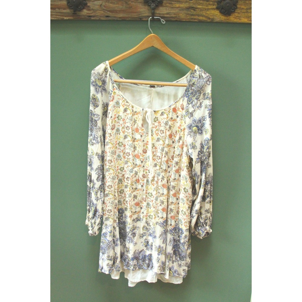Free People Lucky Lucy L Floral Print Long Sleeve‎ Mini Dress Bohemian Ivory